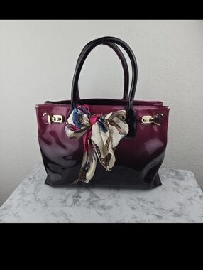 Scarleton Patent Ombre Burgundy to Black Tote Bag with Scarf Accent